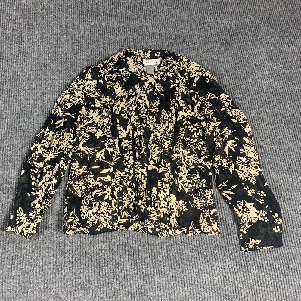 Adrianna Papell Blouse Womens 8 Black AOP Floral Silk Top Sheer Open Front Beads